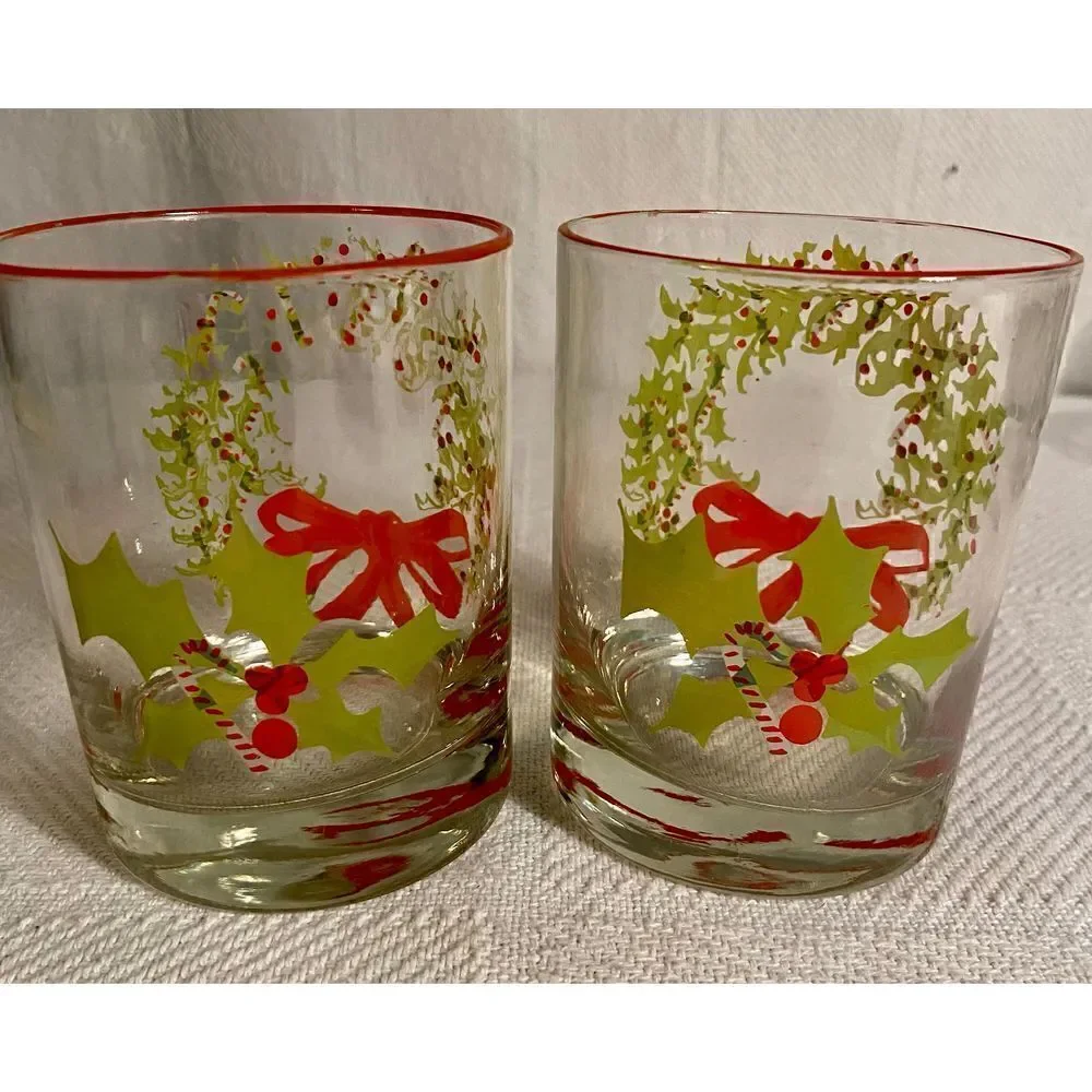 2 Vintage CHRISTMAS HOLLY Wreath Glasses - Cocktail Glassware~Used On TV Show